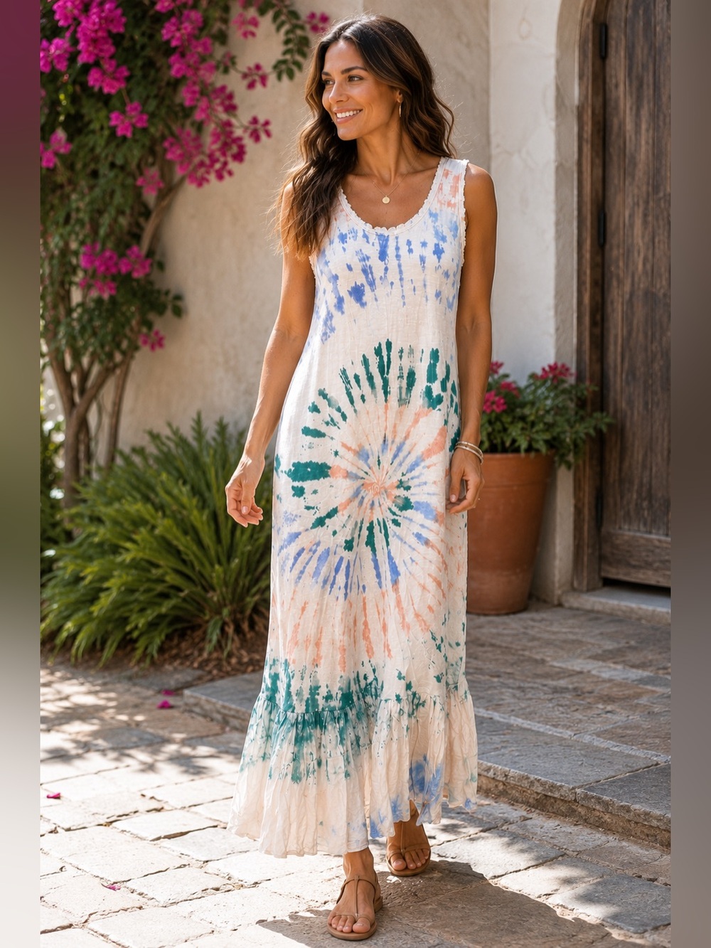 Mazik Cream Maxi Dress with Blue, Green & Peach Tie-Dye